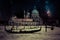 Fine art retro image with gondola on Canal Grande at night with wood planks floor for foreground, full moon and milky, Venice, It