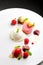 Fine dining dessert, Raspberry Parfait, ice cream, white chocolate