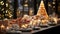 Fine Dinner buffet table with dishes, snacks, desserts and drinks. Festive Christmas sweet food. Golden glittering decoration