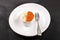 Fine dinning with a small bowl mashed potato, salmon caviar and