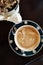 Fine latte heart shape flat lay view hot fresh coffee in cafe