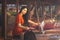 Fine painting of Thai traditional lady who are weaving knitting work, women activity picture, home decoration wallpapers