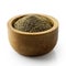 Finely ground black pepper in dark wood bowl.