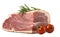 The finest prosciutto with rosemary and tomatoes on white background