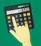 Finger clicks on calculator illustration. Accounting economics with financial calculation mathematical education school
