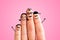 Finger family concept: Joyful finger family smiling. Pink background