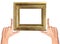 Finger frame and wooden golden frame isolated on white