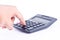 Finger hand put button calculator for calculating the numbers accounting accountancy business on white background isolated