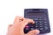 Finger hand put old dust button calculator for calculating the numbers accounting accountancy business and work white b