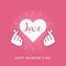 Finger heart love sign symbol with Happy Valentines Day romantic greeting card.