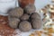 Finger millet ladus. Delicious and nutritious ragi flour ladoos adorned with almonds, cashews, and raisins. A wholesome Indian