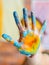 Finger painting art trend blue yellow colored hand