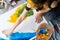 Finger painting hobby artist blue yellow artwork