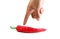 The finger point to red chili on isolated background