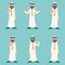 Finger Pointing Up Businessman Sale Presentation Cartoon Character Arab Traditional National Muslim Clothes White Board