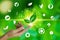Finger touch with leaf and environment icons over the Network connection on nature background, Technology ecology concept