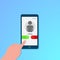 Finger touch of smartphone coming call screen with blue background, vector