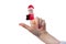 Finger toys Santa Claus on the hand of a child, isolated white background