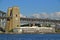 Finger Wharf building with Sydney Harbour Bridge at Walsh Bay, New South Wales, Australia