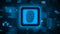 Fingerprint logo on chip sensor - abstract background in blue of blurred binary code - security scanning identification concept