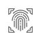 Fingerprint, scanned finger, cryptographic signature, identity line icon.