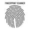 Fingerprint scanner vector outline icon. Single thumbprint hand sign with dashed line. Biometric identity scan