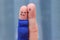 Fingers art of displeased couple. Pregnant cries, man reassu