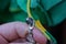 Fingers hold a gray metal zip on the yellow green fabric