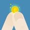 Fingers hold a Small bitcoin. Flat style illustration.