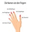 Fingers Names of Human Body Parts in german language , vector cartoon illustration