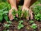 Fingers planting an herb garden