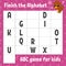 Finish the alphabet. ABC game for kids. Education developing worksheet. Learning game for kids. Color activity page