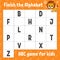 Finish the alphabet. ABC game for kids. Education developing worksheet. Orange lion. Learning game for kids. Color activity page