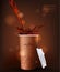 Finished design, coffee Cup, realistic splashes, 3D coffee, brown background