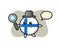 Finland flag badge cartoon character searching with a magnifying glass