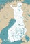 Finland lakes and rivers vector map with regions\\\' capitals