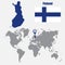Finland map on a world map with flag and map pointer. Vector illustration
