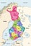 Finland municipalities colored by regions vector map with regions\\\' capitals