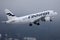 Finnair taking off from foggy runway