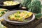 Finnish, omelet with broccoli, farel, potatoes and onions. Rustic style.