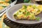 Finnish, omelet with broccoli, farel, potatoes and onions. Rustic style.