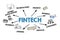 Fintech. Illustration with keywords, icons and direction arrows on a white background