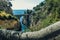 Fiordo di Furore, Amalfi coast, panoramic scenic aerial view to the arched bridge between rocks of fjord, stairs and sea
