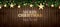 Fir Branch with Neon Lights, Pine Cone and Golden Glitter Stars on Wooden Background