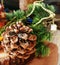 Fir cone wood table with Christmas and Christmas decorations, selective focus