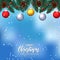 Fir leaves garland decoration with pine cone, hanging bauble, and bokeh blue sky background for merry christmas