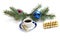 Fir-tree branch with ornament, a cup of coffee and a linking of
