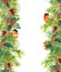 Fir tree, mistletoe, red finch bird. Christmas seamless border. Watercolor