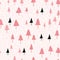 Fir trees silhouettes, minimal winter seamless pattern on light pink background.