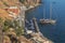 Fira dock with sailboat, Santorini, Greece.